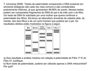 7. (Unicamp 2009) Testes de paternidade comparando o DNA presente em
amostras biológicas são cada vez mais comuns e são considerados
praticamente infalíveis, já que apresentam 99,99% de acerto. Nesses testes
podem ser comparados fragmentos do DNA do pai e da mãe com o do filho.
Um teste de DNA foi solicitado por uma mulher que queria confirmar a
paternidade dos filhos. Ela levou ao laboratório amostras de cabelos dela, do
marido, dos dois filhos e de um outro homem que poderia ser o pai. Os
resultados obtidos estão mostrados na figura a seguir.




a) Que resultado a análise mostrou em relação à paternidade do Filho 1? E do
Filho 2? Justifique.
b) Num teste de paternidade, poderia ser utilizado apenas o DNA mitocondrial?
Por quê?
 