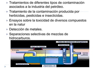  Tratamientos de diferentes tipos de contaminación
asociados a la industria del petróleo.
 Tratamiento de la contaminación producida por
herbicidas, pesticidas e insecticidas.
 Ensayos sobre la toxicidad de diversos compuestos
en la naturaleza.
 Detección de metales.
 Separaciones selectivas de mezclas de
hidrocarburos.
 