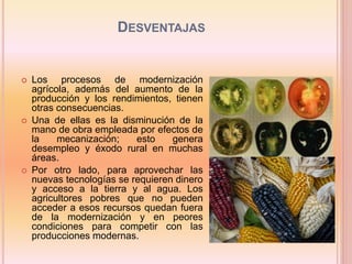 DESVENTAJAS
 Los procesos de modernización
agrícola, además del aumento de la
producción y los rendimientos, tienen
otras consecuencias.
 Una de ellas es la disminución de la
mano de obra empleada por efectos de
la mecanización; esto genera
desempleo y éxodo rural en muchas
áreas.
 Por otro lado, para aprovechar las
nuevas tecnologías se requieren dinero
y acceso a la tierra y al agua. Los
agricultores pobres que no pueden
acceder a esos recursos quedan fuera
de la modernización y en peores
condiciones para competir con las
producciones modernas.
 