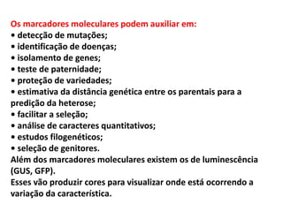 Os marcadores moleculares podem auxiliar em:
• detecção de mutações;
• identificação de doenças;
• isolamento de genes;
• teste de paternidade;
• proteção de variedades;
• estimativa da distância genética entre os parentais para a
predição da heterose;
• facilitar a seleção;
• análise de caracteres quantitativos;
• estudos filogenéticos;
• seleção de genitores.
Além dos marcadores moleculares existem os de luminescência
(GUS, GFP).
Esses vão produzir cores para visualizar onde está ocorrendo a
variação da característica.
 