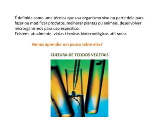 É definida como uma técnica que usa organismo vivo ou parte dele para
fazer ou modificar produtos, melhorar plantas ou animais, desenvolver
microrganismos para uso específico.
Existem, atualmente, várias técnicas biotecnológicas utilizadas.
Vamos aprender um pouco sobre elas?
CULTURA DE TECIDOS VEGETAIS
 