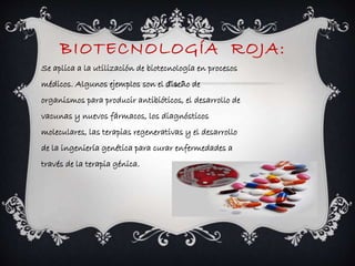 BIOTECNOLOGÍA ROJA: 
Se aplica a la utilización de biotecnología en procesos 
médicos. Algunos ejemplos son el diseño de 
organismos para producir antibióticos, el desarrollo de 
vacunas y nuevos fármacos, los diagnósticos 
moleculares, las terapias regenerativas y el desarrollo 
de la ingeniería genética para curar enfermedades a 
través de la terapia génica. 
 