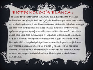 BIOTECNOLOGÍA BLANCA : 
Conocida como biotecnología industrial, es aquella aplicada a procesos 
industriales. Un ejemplo de ello es el diseño de microorganismos para producir 
un producto químico o el uso de enzimas como catalizadores industriales, ya 
sea para producir productos químicos valiosos o destruir contaminantes 
químicos peligrosos (por ejemplo utilizando oxidorreductasas). También se 
aplica a los usos de la biotecnología en la industria textil, en la creación de 
nuevos materiales, como plásticos biodegradables y en la producción de 
biocombustibles. Su principal objetivo es la creación de productos fácilmente 
degradables, que consuman menos energía y generen menos deshechos 
durante su producción. La biotecnología blanca tiende a consumir menos 
recursos que los procesos tradicionales utilizados para producir bienes 
industriales. 
 
 