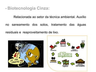 • Biotecnologia Cinza: 
Relacionada ao setor da técnica ambiental. Auxílio 
no saneamento dos solos, tratamento das águas 
residuais e reaproveitamento de lixo. 
 