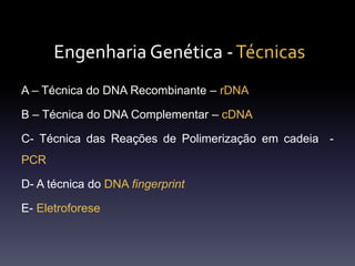 Engenharia Genética -Técnicas
A – Técnica do DNA Recombinante – rDNA
B – Técnica do DNA Complementar – cDNA
C- Técnica das Reações de Polimerização em cadeia -
PCR
D- A técnica do DNA fingerprint
E- Eletroforese
 