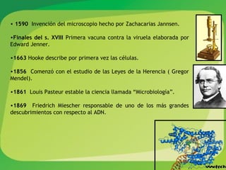 • 1590 Invención del microscopio hecho por Zachacarias Jannsen.
•Finales del s. XVIII Primera vacuna contra la viruela elaborada por
Edward Jenner.
•1663 Hooke describe por primera vez las células.
•1856 Comenzó con el estudio de las Leyes de la Herencia ( Gregor
Mendel).
•1861 Louis Pasteur estable la ciencia llamada “Microbiología”.
•1869 Friedrich Miescher responsable de uno de los más grandes
descubrimientos con respecto al ADN.
 