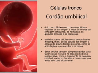 Cordão umbilical
• é rico em células-tronco hematopoiéticas,
capazes de dar origem a todas as células da
linhagem sanguínea, as hemácias, os
glóbulos brancos e as plaquetas.
• também possui células-tronco denominadas
mesenquimais. Essas células dão origem à
células de alguns tecidos do corpo, como as
articulações, os músculos e os ossos.
• Estas células também são pesquisadas para
fazer coisas incríveis na área da medicina
regenerativa, como o tratamento de paralisia
cerebral, autismo, diabetes e outras doenças
ainda sem cura atualmente.
Células tronco
 