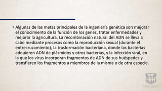 • Algunas de las metas principales de la ingeniería genética son mejorar
el conocimiento de la función de los genes, tratar enfermedades y
mejorar la agricultura. La recombinación natural del ADN se lleva a
cabo mediante procesos como la reproducción sexual (durante el
entrecruzamiento), la trasformación bacteriana, donde las bacterias
adquieren ADN de plásmidos y otros bacterias, y la infección viral, en
la que los virus incorporan fragmentos de ADN de sus huéspedes y
transfieren los fragmentos a miembros de la misma o de otra especie.
 