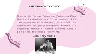 —Dr. Kary Mullis
Reacción de Cadena Polimerasa (Polimerasa Chain
Reaction) fue diseñada por el Dr. Kary Mullis en el año
1978 y patentada en el año 1985, utilizo la PCR para
amplificación del gen β-hemoglobina humana y el
diagnostico prenatal de anemia falciforme. Ganó el
premio nobel de química por su invento.
FUNDAMENTO CIENTIFICO.
 