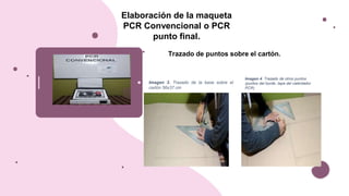 Imagen 4. Trazado de otros puntos
(puntos del borde, tapa del calentador
PCR)
Imagen 3. Trazado de la base sobre el
cartón 56x37 cm
Trazado de puntos sobre el cartón.
Elaboración de la maqueta
PCR Convencional o PCR
punto final.
 