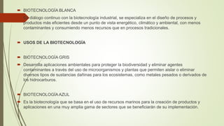  BIOTECNOLOGÍA BLANCA
 En diálogo continuo con la biotecnología industrial, se especializa en el diseño de procesos y
productos más eficientes desde un punto de vista energético, climático y ambiental, con menos
contaminantes y consumiendo menos recursos que en procesos tradicionales.
 USOS DE LA BIOTECNOLOGÍA
 BIOTECNOLOGÍA GRIS
 Desarrolla aplicaciones ambientales para proteger la biodiversidad y eliminar agentes
contaminantes a través del uso de microorganismos y plantas que permiten aislar o eliminar
diversos tipos de sustancias dañinas para los ecosistemas, como metales pesados o derivados de
los hidrocarburos.
 BIOTECNOLOGÍA AZUL
 Es la biotecnología que se basa en el uso de recursos marinos para la creación de productos y
aplicaciones en una muy amplia gama de sectores que se beneficiarán de su implementación.
 