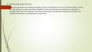  BIOTECNOLOGÍA VIOLETA
 Se ocupa de todas las cuestiones legales, éticas y filosóficas en torno a la biotecnología. Dentro
de esta categoría suelen abordarse desafíos como el desarrollo de medidas de seguridad o
bioseguridad, como la protección de datos del paciente, las patentes (regulación jurídica), los
problemas bioéticos y de legislación, entre otros.
 