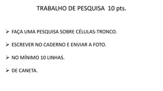 TRABALHO DE PESQUISA 10 pts.
 FAÇA UMA PESQUISA SOBRE CÉLULAS-TRONCO.
 ESCREVER NO CADERNO E ENVIAR A FOTO.
 NO MÍNIMO 10 LINHAS.
 DE CANETA.
 