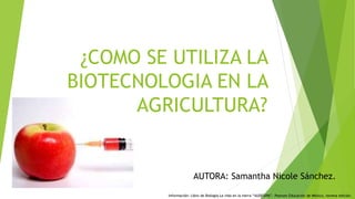 ¿COMO SE UTILIZA LA
BIOTECNOLOGIA EN LA
AGRICULTURA?
Información: Libro de Biología La vida en la tierra “AUDESIRK”. Pearson Educación de México, novena edición.
AUTORA: Samantha Nicole Sánchez.
 
