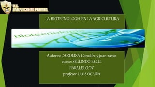LA BIOTECNOLOGIA EN LA AGRICULTURA
Autores: CAROLINA González y juan navas
curso: SEGUNDO B.G.U.
PARALELO:”A”
profesor: LUIS OCAÑA
 