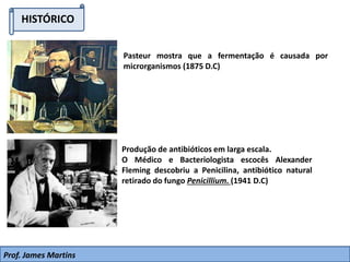 HISTÓRICO
Pasteur mostra que a fermentação é causada por
microrganismos (1875 D.C)
Produção de antibióticos em larga escala.
O Médico e Bacteriologista escocês Alexander
Fleming descobriu a Penicilina, antibiótico natural
retirado do fungo Penicillium. (1941 D.C)
Prof. James Martins
 