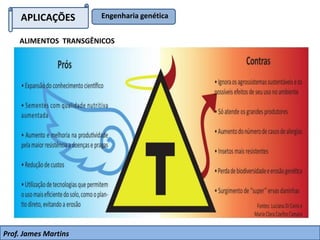 APLICAÇÕES Engenharia genética
ALIMENTOS TRANSGÊNICOS
Prof. James Martins
 