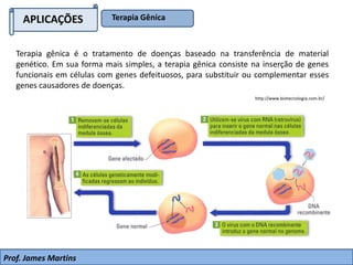 APLICAÇÕES Terapia Gênica
Prof. James Martins
Terapia gênica é o tratamento de doenças baseado na transferência de material
genético. Em sua forma mais simples, a terapia gênica consiste na inserção de genes
funcionais em células com genes defeituosos, para substituir ou complementar esses
genes causadores de doenças.
http://www.biotecnologia.com.br/
 