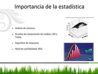 Importancia de la estadística
● Análisis de varianza.
● Pruebas de comparación de medias: LSD y
Tukey.
● Superficie de respuesta.
● Nivel de confiabilidad: 95%.
 
