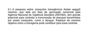2-) A pesquisa sobre mosquitos transgênicos Aedes aegypti
machos, que está em fase de aprovação comercial pela
Agência Nacional de Vigilância Sanitária (ANVISA), tem grande
potencial para controlar a transmissão de doenças transmitidas
por esses mosquitos, como a dengue. Explique de maneira
objetiva como a transgenia pode contribuir para esse controle.
 