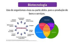 Uso de organismos vivos ou parte deles, para a produção de
bens e serviços.
https://nutricaoedesenvolvimento.com.br/wp-content/uploads/2019/05/O-que-e-biotecnologia-1.png
https://2.bp.blogspot.com/-Mq3n6FFkJoQ/WFvWJ5g2X0I/AAAAAAAAIuQ/DyXRZGVFuHw1_c4AZFSPxwon6gg4Gm25wCLcB/s1600/biotec.jpg
Biotecnologia
 