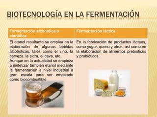 BIOTECNOLOGÍA EN LA FERMENTACIÓN
Fermentación alcohólica o
etanólica
Fermentación láctica
El etanol resultante se emplea en la
elaboración de algunas bebidas
alcohólicas, tales como el vino, la
cerveza, la sidra, el cava, etc.
Aunque en la actualidad se empieza
a sintetizar también etanol mediante
la fermentación a nivel industrial a
gran escala para ser empleado
como biocombustible.
En la fabricación de productos lácteos,
como yogur, queso y otros, así como en
la elaboración de alimentos prebióticos
y probióticos.
 