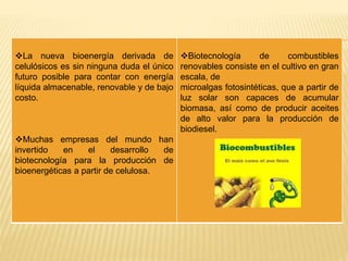 La nueva bioenergía derivada de
celulósicos es sin ninguna duda el único
futuro posible para contar con energía
líquida almacenable, renovable y de bajo
costo.
Muchas empresas del mundo han
invertido en el desarrollo de
biotecnología para la producción de
bioenergéticas a partir de celulosa.
Biotecnología de combustibles
renovables consiste en el cultivo en gran
escala, de
microalgas fotosintéticas, que a partir de
luz solar son capaces de acumular
biomasa, así como de producir aceites
de alto valor para la producción de
biodiesel.
 
