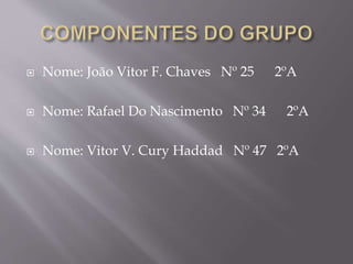  Nome: João Vitor F. Chaves Nº 25 2ºA
 Nome: Rafael Do Nascimento Nº 34 2ºA
 Nome: Vitor V. Cury Haddad Nº 47 2ºA
 