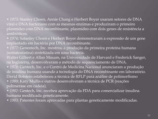 • 1973: Stanley Choen, Annie Chang e Herbert Boyer usaram setores de DNA
viral e DNA bacteriano com as mesmas enzimas e produziram o primeiro
plasmídeo com DNA recombinante, plasmídeo com dois genes de resistência a
antibióticos.
• 1974: Satanley Choen e Herbert Boyer demonstraram a expressão de um gene
implantado em bactéria por DNA recombinante.
• 1977: Genentech, Inc. mostrou a produção da primeira proteína humana
(somatostatina) sintetizada em uma bactéria.
Walter Gilbert e Allan Maxam, na Universidade de Harvard e Frederick Sanger,
na Inglaterra, desenvolveram o método de sequenciamento de DNA.
• 1978: Gentech, Inc. e o Centro de Medicina Nacional anunciaram a produção
de insulina humana usando a tecnologia do DNA recombinante em laboratório.
David Botstein estabeleceu a técnica de RFLP para análise de polimorfismo
• 1980: Kary Mullis e outros desenvolveram a técnica de PCR (reações
polimerase em cadeia).
• 1982: Gentech, Inc. recebeu aprovação da FDA para comercializar insulina
humana modificada geneticamente.
• 1983: Patentes foram aprovadas para plantas geneticamente modificadas.
24
 