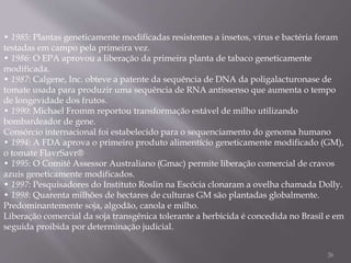 • 1985: Plantas geneticamente modificadas resistentes a insetos, vírus e bactéria foram
testadas em campo pela primeira vez.
• 1986: O EPA aprovou a liberação da primeira planta de tabaco geneticamente
modificada.
• 1987: Calgene, Inc. obteve a patente da sequência de DNA da poligalacturonase de
tomate usada para produzir uma sequência de RNA antissenso que aumenta o tempo
de longevidade dos frutos.
• 1990: Michael Fromm reportou transformação estável de milho utilizando
bombardeador de gene.
Consórcio internacional foi estabelecido para o sequenciamento do genoma humano
• 1994: A FDA aprova o primeiro produto alimentício geneticamente modificado (GM),
o tomate FlavrSavr®
• 1995: O Comitê Assessor Australiano (Gmac) permite liberação comercial de cravos
azuis geneticamente modificados.
• 1997: Pesquisadores do Instituto Roslin na Escócia clonaram a ovelha chamada Dolly.
• 1998: Quarenta milhões de hectares de culturas GM são plantadas globalmente.
Predominantemente soja, algodão, canola e milho.
Liberação comercial da soja transgênica tolerante a herbicida é concedida no Brasil e em
seguida proibida por determinação judicial.
26
 