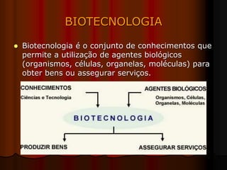 BIOTECNOLOGIA
 Biotecnologia é o conjunto de conhecimentos que
permite a utilização de agentes biológicos
(organismos, células, organelas, moléculas) para
obter bens ou assegurar serviços.
 