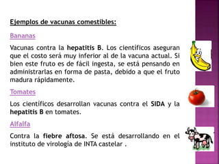 Ejemplos de vacunas comestibles:
Bananas
Vacunas contra la hepatitis B. Los científicos aseguran
que el costo será muy inferior al de la vacuna actual. Si
bien este fruto es de fácil ingesta, se está pensando en
administrarlas en forma de pasta, debido a que el fruto
madura rápidamente.
Tomates
Los científicos desarrollan vacunas contra el SIDA y la
hepatitis B en tomates.
Alfalfa
Contra la fiebre aftosa. Se está desarrollando en el
instituto de virología de INTA castelar .
 