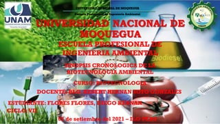UNIVERSIDAD NACIONAL DE
MOQUEGUA
UNIVERSIDAD NACIONAL DE MOQUEGUA
Escuela Profesional de Ingeniería Ambiental
ESCUELA PROFESIONAL DE
INGENIERIA AMBIENTAL
SINOPSIS CRONOLOGICA DE LA
BIOTECNOLOGIA AMBIENTAL
CURSO: BIOTECNOLOGIA
DOCENTE: BLG. HEBERT HERNAN SOTO GONZALES
ESTUDIANTE: FLORES FLORES, DIEGO HERNAN
CICLO:VII
07 de setiembre del 2021 – ILO PERU
 