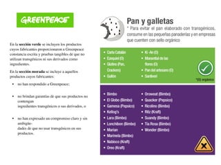 En la sección verde se incluyen los productos
cuyos fabricantes proporcionaron a Greenpeace
constancia escrita y pruebas tangibles de que no
utilizan transgénicos ni sus derivados como
ingredientes.
En la sección morada se incluye a aquellos
productos cuyos fabricantes:
• no han respondido a Greenpeace;  
• no brindan garantías de que sus productos no
contengan  
ingredientes transgénicos o sus derivados, o  
• no han expresado un compromiso claro y sin
ambigüe-  
dades de que no usar transgénicos en sus
productos.  
 