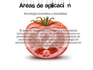 Areas de aplicación
		 Tecnología enzimática y biocatálisis	
El área de tecnología enzimática y biocatálisis
incluye el extenso campo de las fermentaciones en
procesamiento de alimentos, la mejora genética de
microorganismos de aplicación en tecnología de
alimentos y la producción de proteínas y enzimas de
uso alimentario.
 