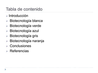 Tabla de contenido
 Introducción
 Biotecnología blanca
 Biotecnología verde
 Biotecnología azul
 Biotecnología gris
 Biotecnología naranja
 Conclusiones
 Referencias
 