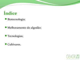 Índice
Biotecnologia;
Melhoramento do algodão;
Tecnologias;
Cultivares.
 