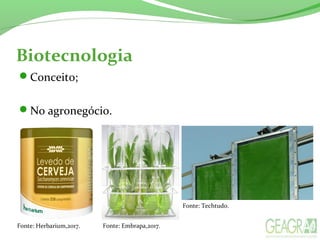 Biotecnologia
Conceito;
No agronegócio.
Fonte: Herbarium,2017. Fonte: Embrapa,2017.
Fonte: Techtudo.
 