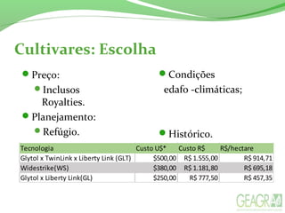 Cultivares: Escolha
Condições
edafo -climáticas;
Histórico.
Preço:
Inclusos
Royalties.
Planejamento:
Refúgio.
Tecnologia Custo U$* Custo R$ R$/hectare
Glytol x TwinLink x Liberty Link (GLT) $500,00 R$ 1.555,00 R$ 914,71
Widestrike(WS) $380,00 R$ 1.181,80 R$ 695,18
Glytol x Liberty Link(GL) $250,00 R$ 777,50 R$ 457,35
 