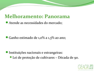 Atende as necessidades do mercado;
Ganho estimado de 1,0% a 1,3% ao ano;
Instituições nacionais e estrangeiras:
Lei de proteção de cultivares – Década de 90.
Melhoramento: Panorama
 