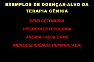 EXEMPLOS DE DOENÇAS-ALVO DA TERAPIA GÊNICA FENILCETONÚRIA HIPERCOLESTEROLEMIA ANEMIA FALCIFORME IMUNODEFICIÊNCIA HUMANA (ADA) 