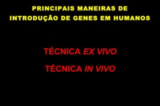 PRINCIPAIS MANEIRAS DE INTRODUÇÃO DE GENES EM HUMANOS TÉCNICA  EX VIVO TÉCNICA  IN VIVO 