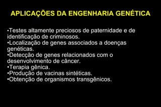 APLICAÇÕES DA ENGENHARIA GENÉTICA • Testes altamente preciosos de paternidade e de identificação de criminosos. • Localização de genes associados a doenças genéticas. • Detecção de genes relacionados com o desenvolvimento de câncer. • Terapia gênica. • Produção de vacinas sintéticas. Obtenção de organismos transgênicos. 