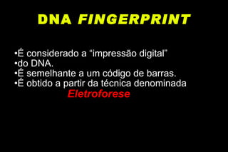DNA  FINGERPRINT É considerado a “impressão digital”  do DNA. É semelhante a um código de barras. É obtido a partir da técnica denominada  Eletroforese 