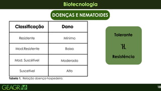 18
Biotecnologia
Biotecnologia
Mod. Suscétivel
Mod.Resistente
Suscetível
Resistente
Classificação
Classificação
Classificação Dano
Dano
Dano
Mínimo
Baixo
Moderado
Alto
Tolerante
Resistência
DOENÇAS E NEMATOIDES
Tabela 1. Relação doença-hospedeiro.
 
