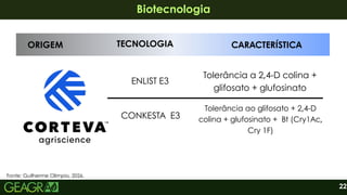 22
Biotecnologia
Biotecnologia
ORIGEM TECNOLOGIA CARACTERÍSTICA
ENLIST E3
Tolerância a 2,4-D colina +
glifosato + glufosinato
CONKESTA E3
Tolerância ao glifosato + 2,4-D
colina + glufosinato + Bt (Cry1Ac,
Cry 1F)
Fonte: Guilherme Olimpio, 2026.
 
