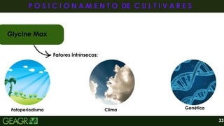 33
P O S I C I O N A M E N T O DE C U L T I V A R E S
P O S I C I O N A M E N T O DE C U L T I V A R E S
Glycine Max
Fatores intrínsecos:
Clima
Fotoperiodismo Genética
 