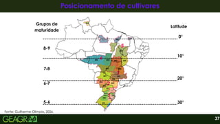 37
Posicionamento de cultivares
Posicionamento de cultivares
5-6
6-7
7-8
8-9
Grupos de
maturidade
30°
20°
10°
0°
Latitude
Fonte: Guilherme Olimpio, 2026.
 