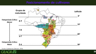 38
Posicionamento de cultivares
Posicionamento de cultivares
5-6
6-7
7-8
8-9
Grupos de
maturidade
30°
20°
10°
0°
Latitude
Fotoperíodo Crítico
Menor
Fotoperíodo Crítico
Maior
Fonte: Guilherme Olimpio, 2026.
 