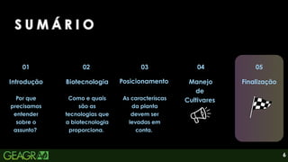 6
02 03
01
Introdução
Por que
precisamos
entender
sobre o
assunto?
Biotecnologia
Como e quais
são as
tecnologias que
a biotecnologia
proporciona.
Posicionamento
As caracteríscas
da planta
devem ser
levadas em
conta.
S U M Á R I O
S U M Á R I O
S U M Á R I O
04
Manejo
de
Cultivares
05
Finalização
 